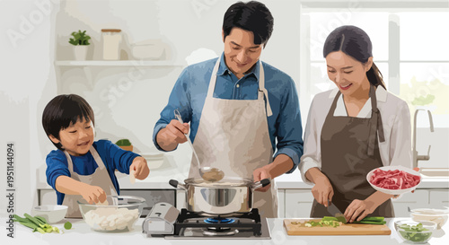 Family happily preparing a meal together in a bright kitchen setting