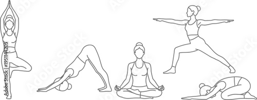 Collection of five distinct female figures gracefully demonstrating various common yoga postures including tree.