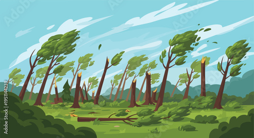 Illustration of trees bending and breaking under strong winds and a storm