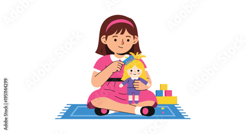 A cartoon girl in a pink dress plays with a doll and blocks