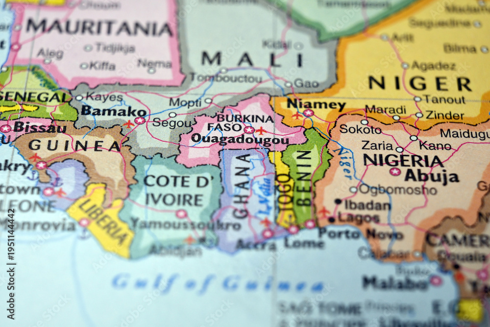 Naklejka premium Ouagadougou Burkina Faso – Defocused World Map Location