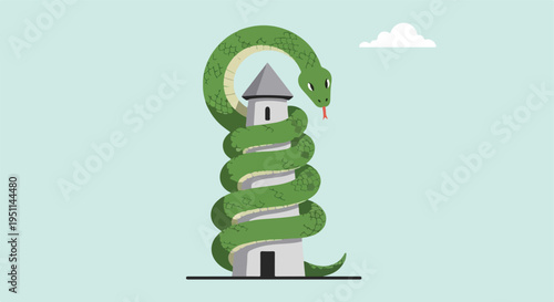 A green serpent coils around a grey tower with a conical roof against a pale blue sky