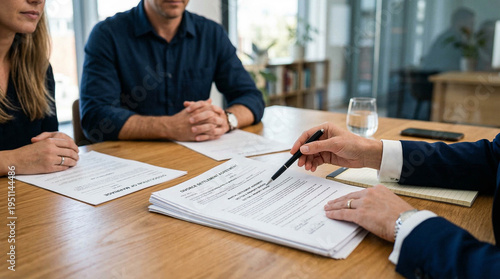 Lawyer explaining divorce settlement agreement to a couple at office table.