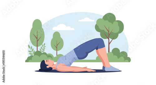 Woman exercises outdoors in a park with trees and clouds