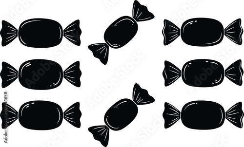 Candy silhouette vector, sweet dessert illustration, wrapped candy design, confectionery artwork, holiday treat element, black and white candy graphic, festive snack pattern style