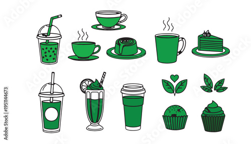A collection of matcha themed food and beverage icons illustrated in a simple green line art style
