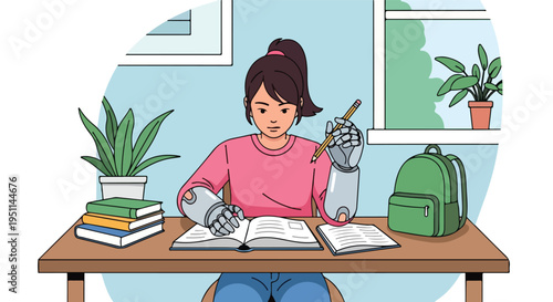 Person with prosthetic arm studying at a desk with books and plants