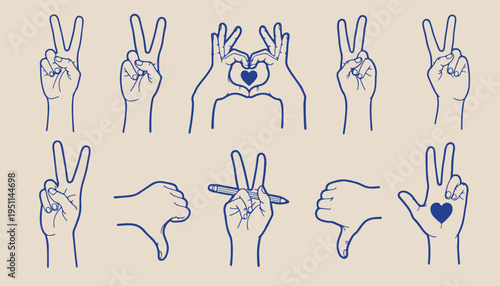 A collection of hand gestures and symbols illustrated in blue ink on a light beige background
