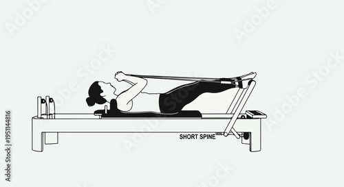 Woman exercises on a pilates reformer machine, pulling resistance bands