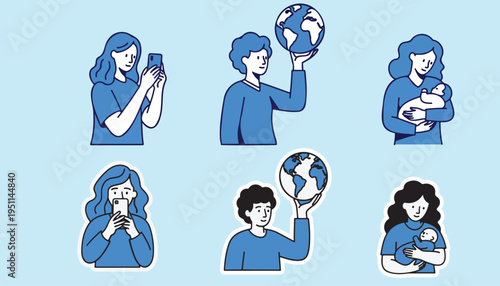 A collection of stylized blue and white illustrations showing people with phones, globes and babies