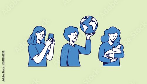 A minimalist illustration depicting three people engaging in different activities for the planet