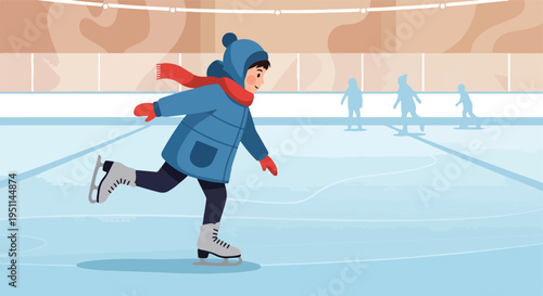 Cheerful child in blue winter coat skates on ice rink with blurred figures