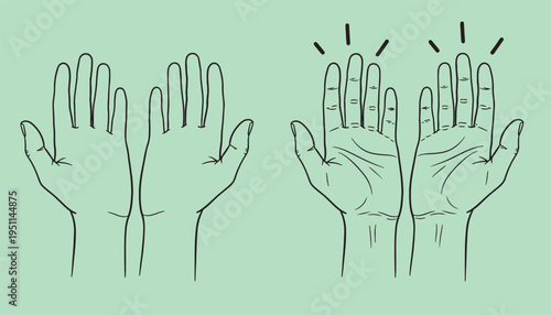A comparison illustration showing two pairs of open human hands with and without palm line details