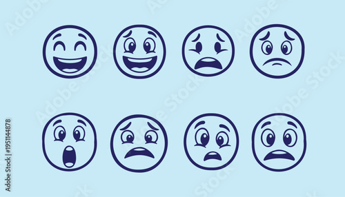 A collection of eight circular cartoon faces displaying various human emotions on a blue background