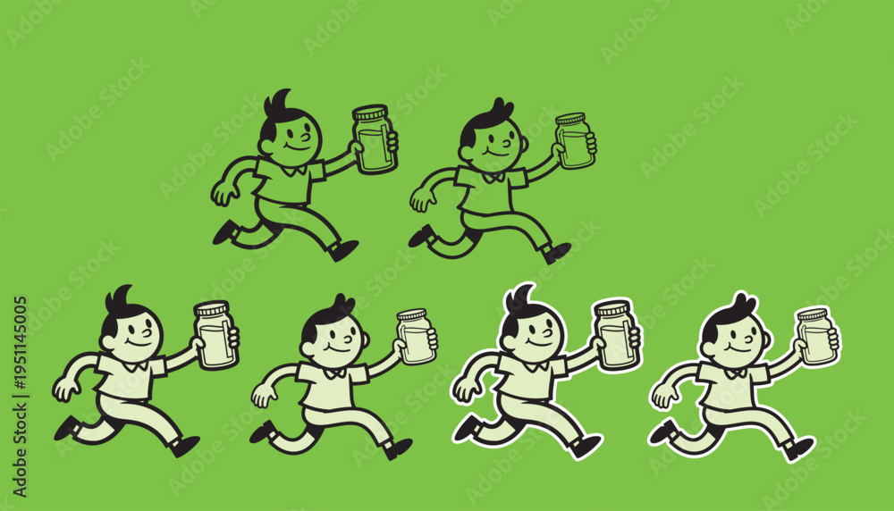 Fototapeta premium A collection of retro style cartoon boy characters running while holding a glass jar of milk