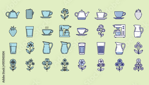 A collection of stylized icons featuring tea sets coffee machines glassware and floral elements