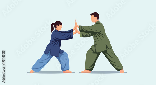 Two people in traditional martial arts attire practicing a pose