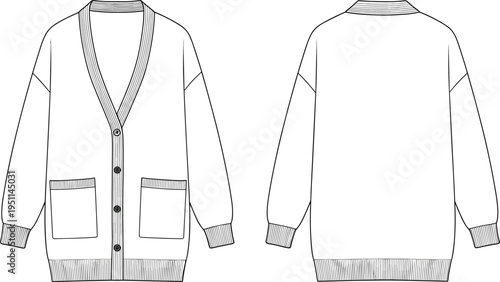 Cardigan design cad drawing flat vector illustration, front and back views, fashion technical drawing, garment blueprint, clothing design artwork
