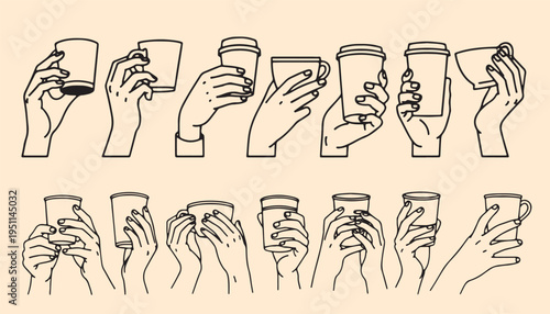 A collection of hand-drawn minimalist illustrations depicting various hands holding coffee cups