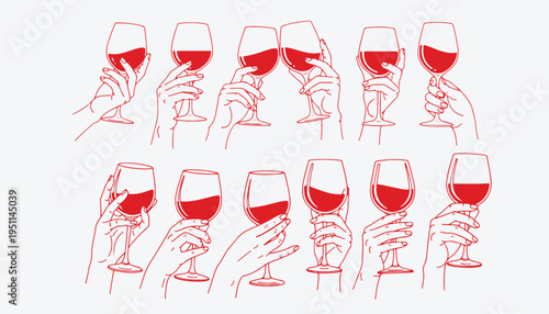 A collection of red line drawings showing various hands holding glasses filled with red wine liquid