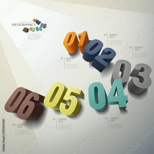 6-Step Modern 3D Number Infographic Template. Vector Illustration of Floating Extruded Numbers with Sequential Data Blocks in Perspective