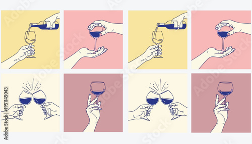 A collection of stylized illustrations depicting the various stages of pouring and drinking wine