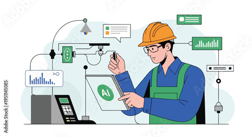 Engineer in hard hat interacts with tablet displaying AI in a futuristic industrial setting
