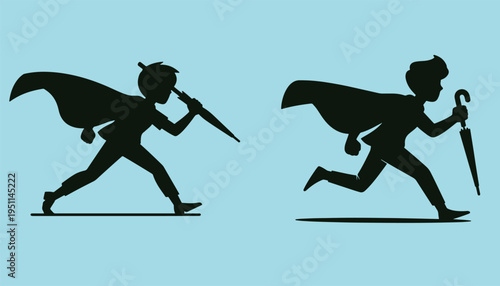 Two black silhouettes of young boys wearing capes and carrying umbrellas on a light blue background