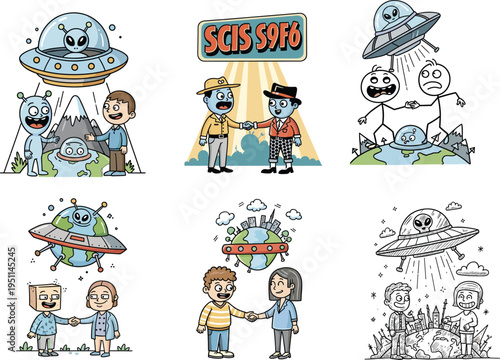Cartoon aliens, UFOs, human handshake, extraterrestrial contact, sci fi illustration, funny alien invasion, space friendship, cute extraterrestrials, comic style vector set