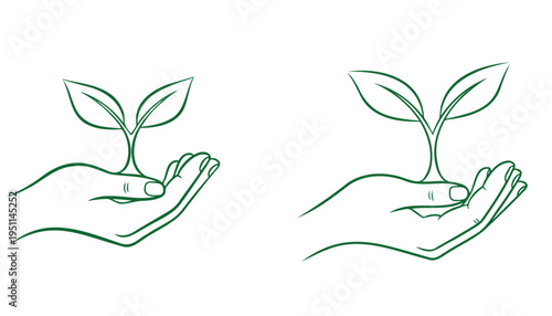 Two identical illustrations of green line art hands gently cradling a small growing plant sprout