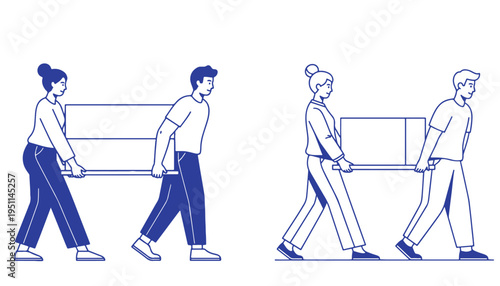 A blue and white line art illustration showing a man and a woman working together to carry a box