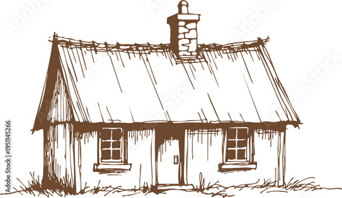 Small rustic cottage with thatched roof line drawing