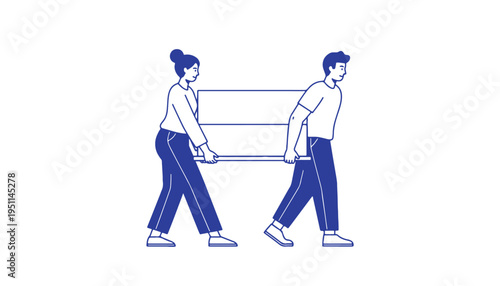 A man and a woman working together to carry a heavy rectangular box across a plain white space