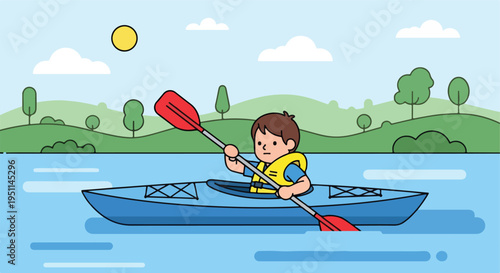 A child in a yellow life vest kayaks on a blue lake with green hills in background