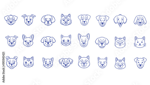 A collection of various cute dog and cat head icons arranged in a grid pattern on a white background