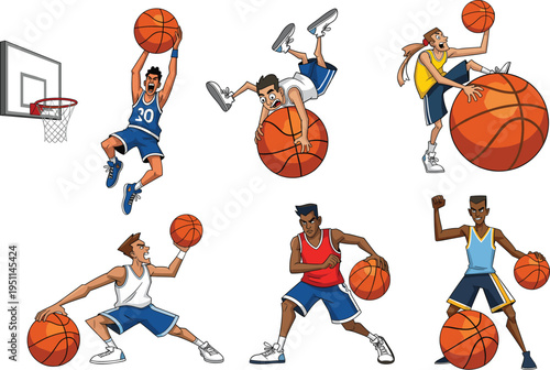 Cartoon basketball players illustration with slam dunk, dribbling, shooting ball, sports action poses, athlete characters in uniform, professional basketball vector design