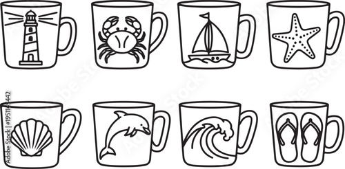 Assorted mugs featuring various beach and ocean-themed illustrations Vector