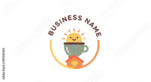 A smiling sun rises over a steaming coffee cup surrounded by a vibrant orange arc with a business name written in brown text.