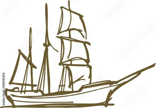 Sailing ship with multiple masts side view line drawing