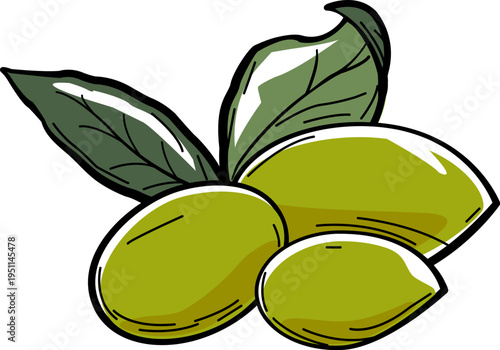 Green olives with leaves. Organic Mediterranean olive product. Hand drawn ink sketch. Vintage style stroke drawing. Retro style. Vector Illustration