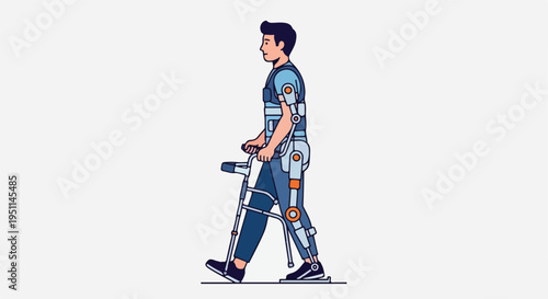 Person using a robotic exoskeleton with a walker for assisted movement