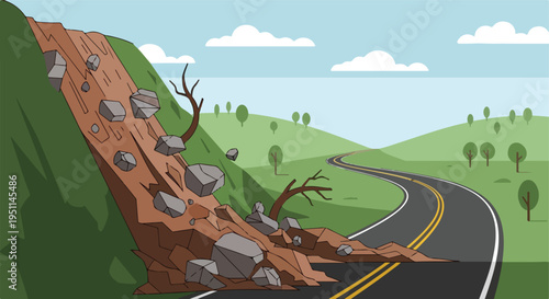 A landslide of rocks and debris obstructs a winding asphalt road through rolling hills