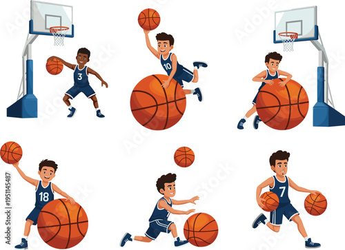 Cartoon basketball players illustration with slam dunk, dribbling, shooting ball, sports action, athlete characters in uniform, competitive basketball game, vector design