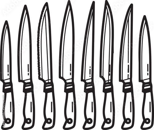 A set of seven different kitchen knives displayed in a row. Vector