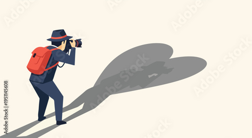 Person in hat and backpack takes photo, casting a heart-shaped shadow