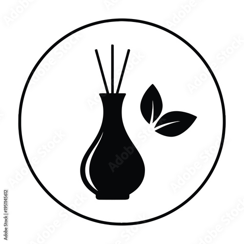 Black and white minimalist diffuser with reeds and leaves in a circular frame evokes calmness and serenity in a modern design style