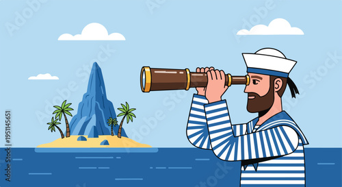 Sailor using spyglass to view a distant island with palm trees and a rocky peak