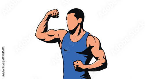 A muscular cartoon man wearing a blue tank top flexes his bicep.