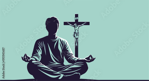 Silhouette of person in meditation pose facing a crucifixion symbol