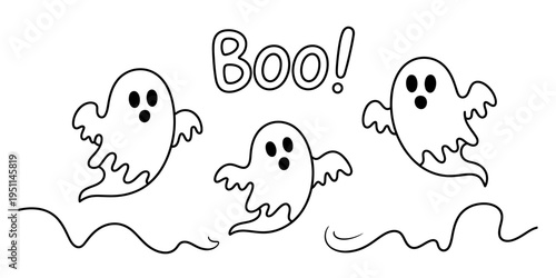 Cute Halloween Ghosts Boo Text Hand Drawn Continuous Line Style